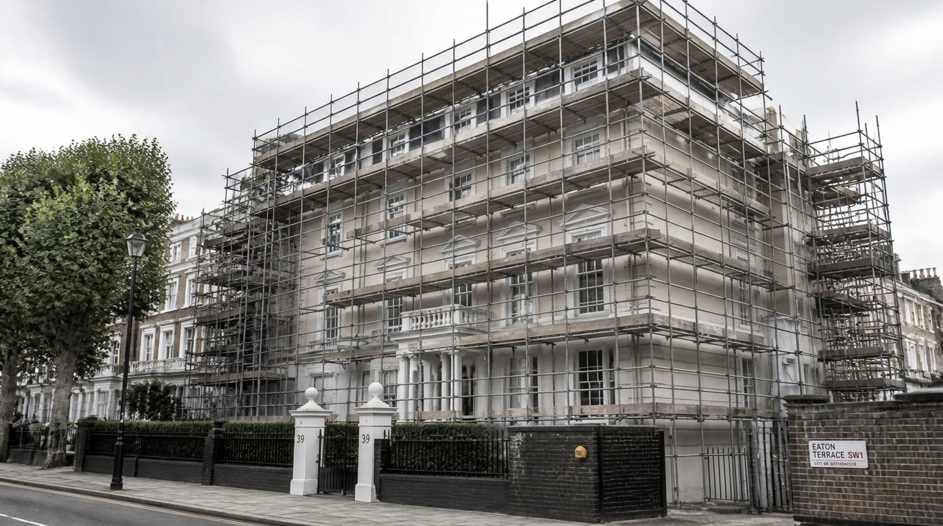 Period London mansion block under refurbishment with full scaffolding